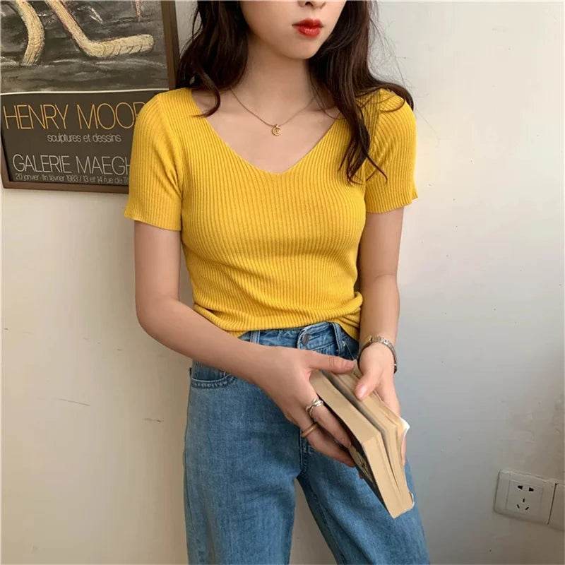 RibbonFish Women's Thin Pullover V-neck Sweater - Slim Fit Casual Style - Buy Center