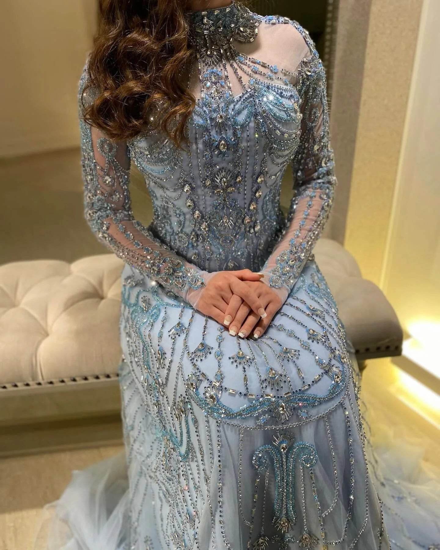 Sharon Said Blue Long Sleeve Evening Dress - High Neck & Beaded Detail - Buy Center