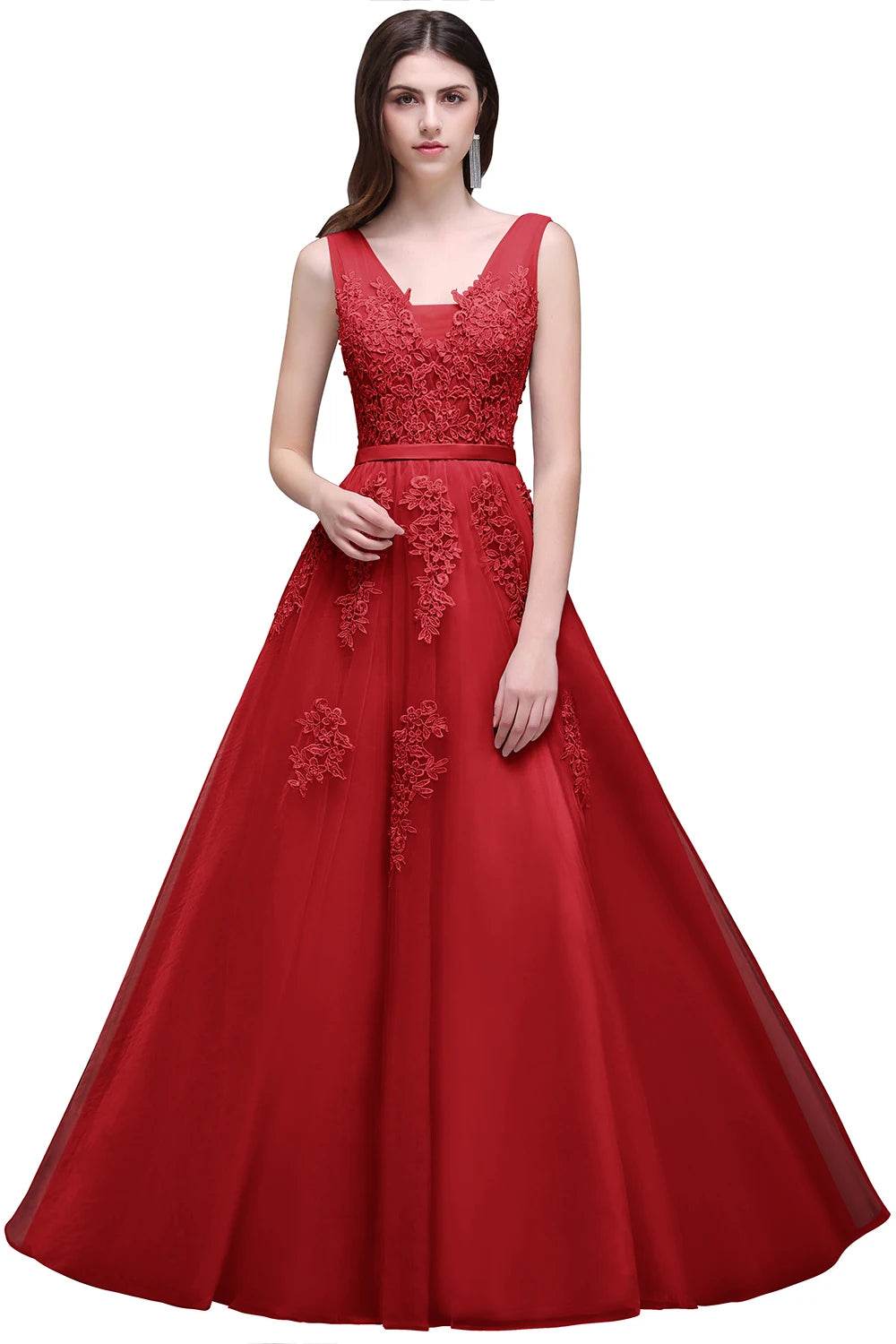 Elegant A-Line V-Neck Tulle Dress - Sleeveless Prom Gown for Women - Buy Center