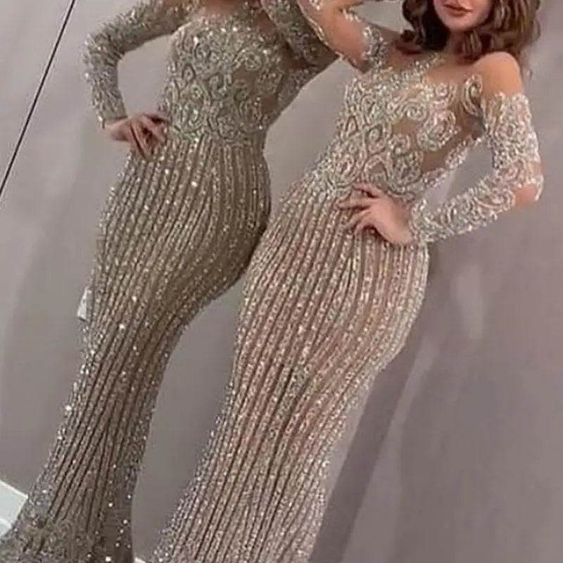 Avalokite Shiny Sequin Long Sleeve Golden Maxi Dress for Weddings - Buy Center