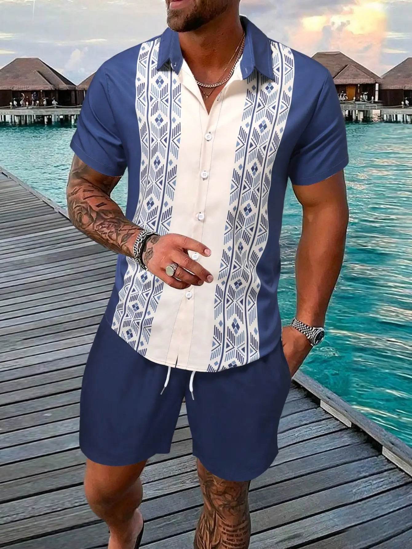 Men's Summer Stripe 3D Print Shirt & Drawstring Shorts Set - Buy Center