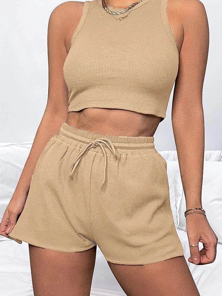 Women's 2024 Summer Sleeveless Waffle Two-Piece Set - Casual & Elegant - Buy Center