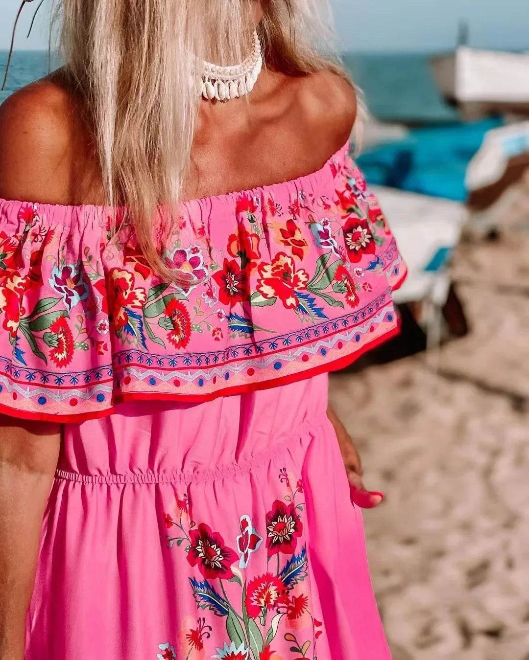 2024 Spring Summer Off-shoulder Red Floral Dress - Loose Fit Style - Buy Center