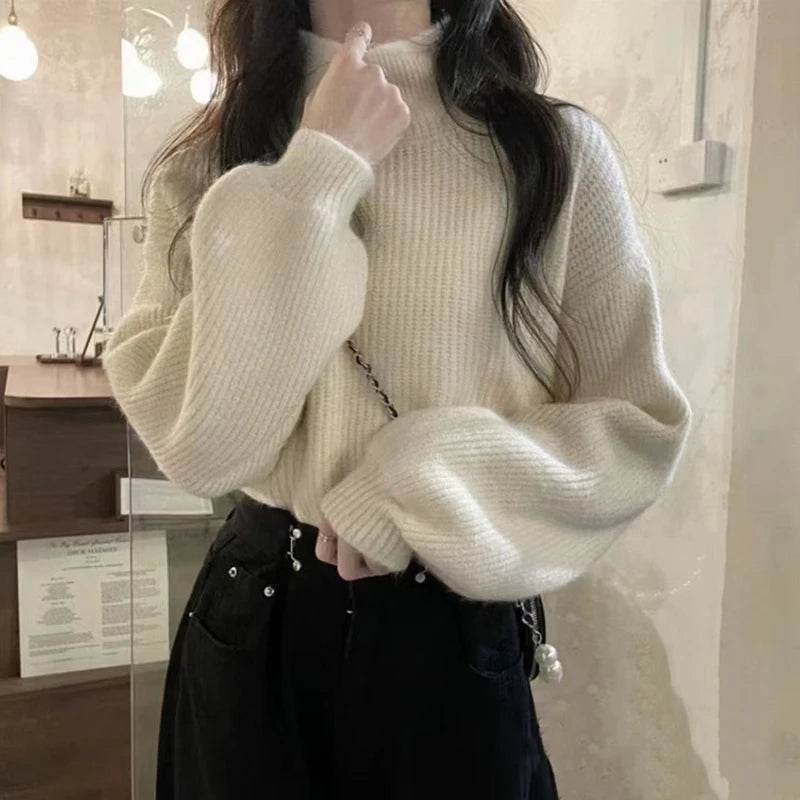 FIGOHR Women's Ribbed Turtleneck Pullover - Lantern Sleeve Sweater - Buy Center
