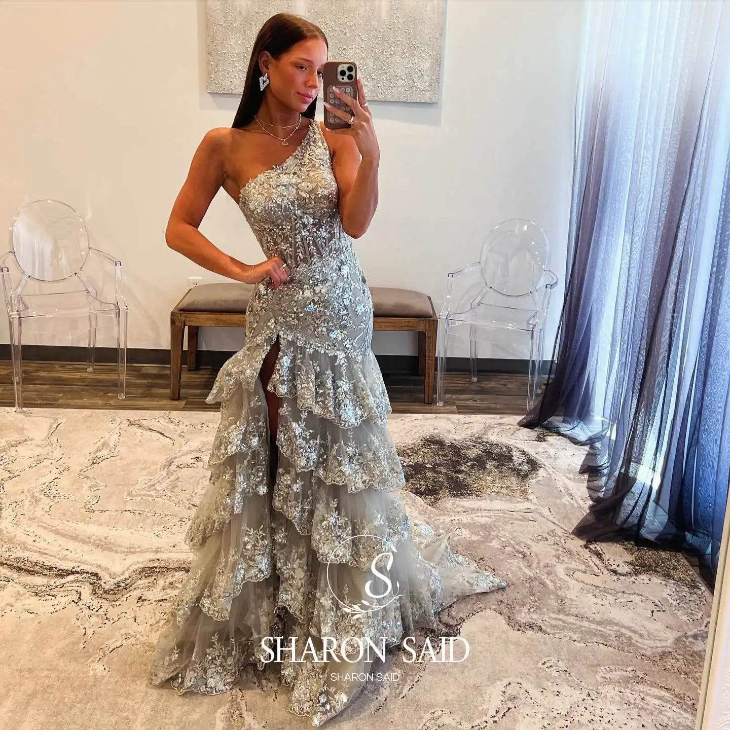 Sharon Said Sequin Evening Gown - One-Shoulder High Side Slit Dress - Buy Center