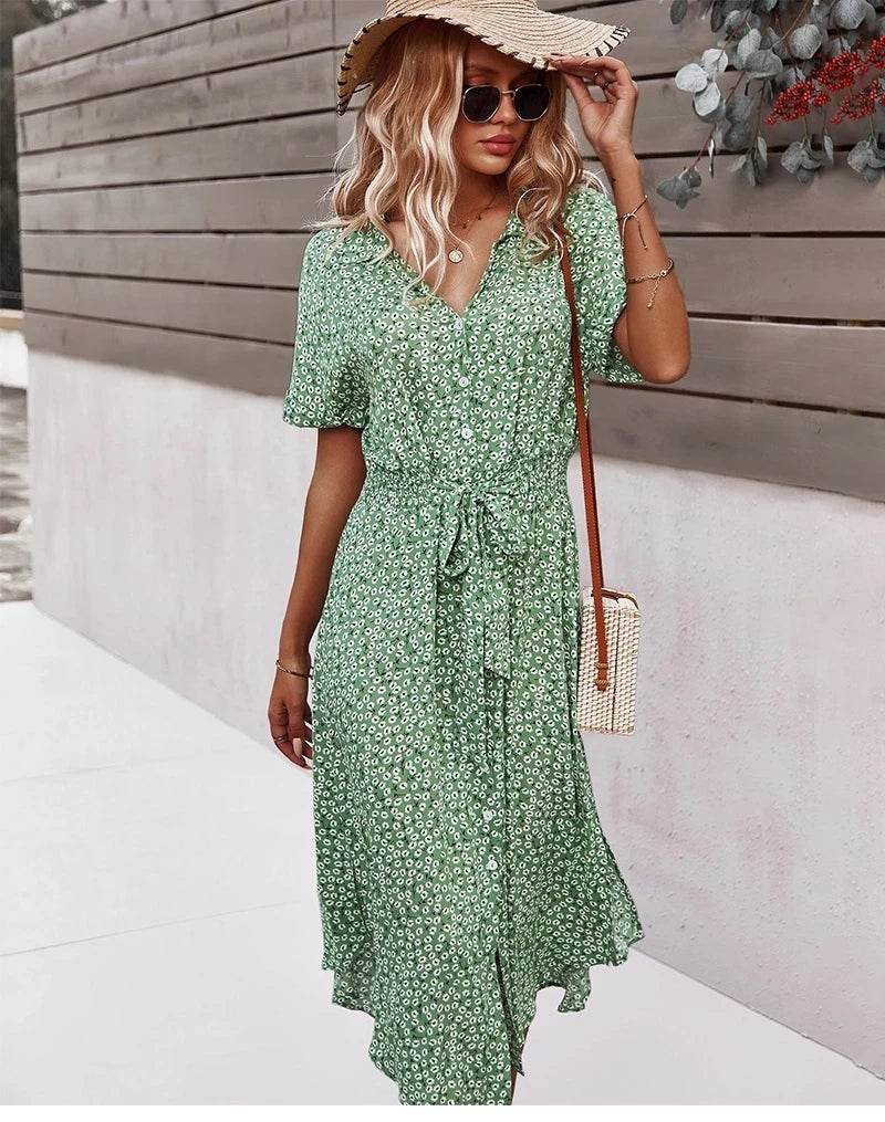 Bohemian Floral Print Midi Dress - Short Sleeve V-Neck Women's Wear - Buy Center