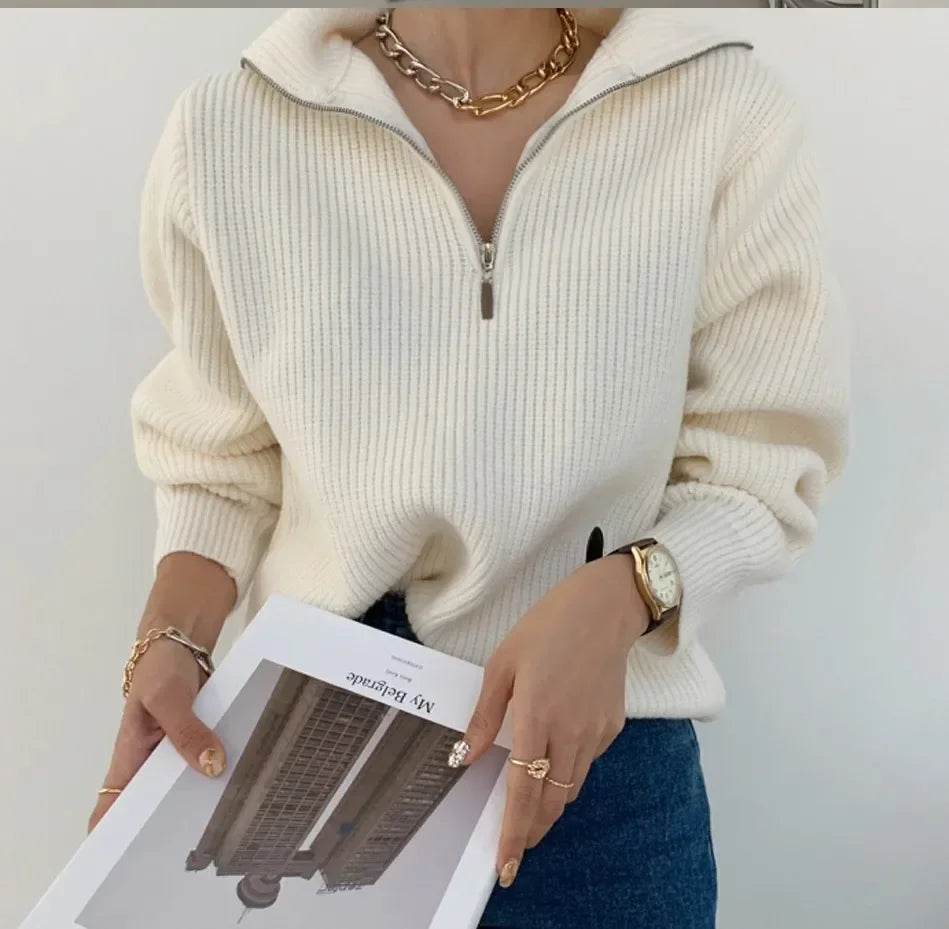 Casual Women's Turtleneck Sweater - Zipper Design, Loose Fit - Buy Center