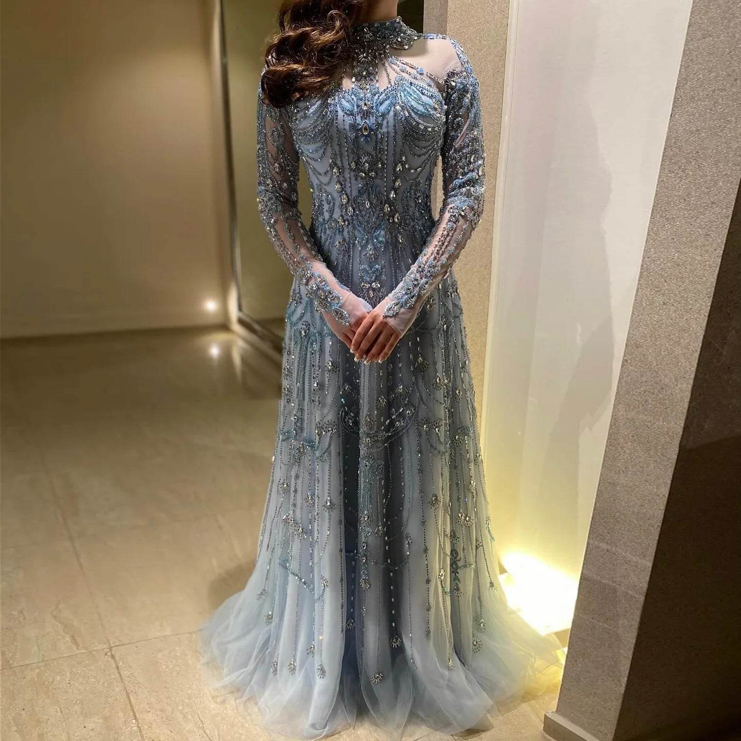 Sharon Said Blue Long Sleeve Evening Dress - High Neck & Beaded Detail - Buy Center