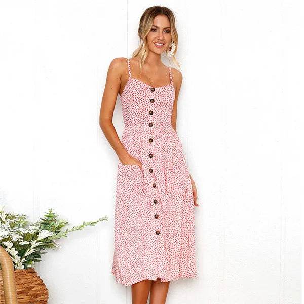 Women's Beach Print Midi Dress - Spaghetti Strap V-Neck Style - Buy Center