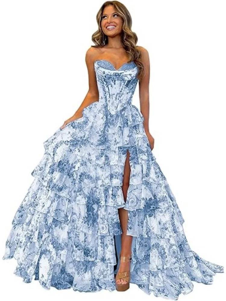 TSxuelian Floral Tiered Prom Dress - Strapless Ruffle Evening Gown - Buy Center