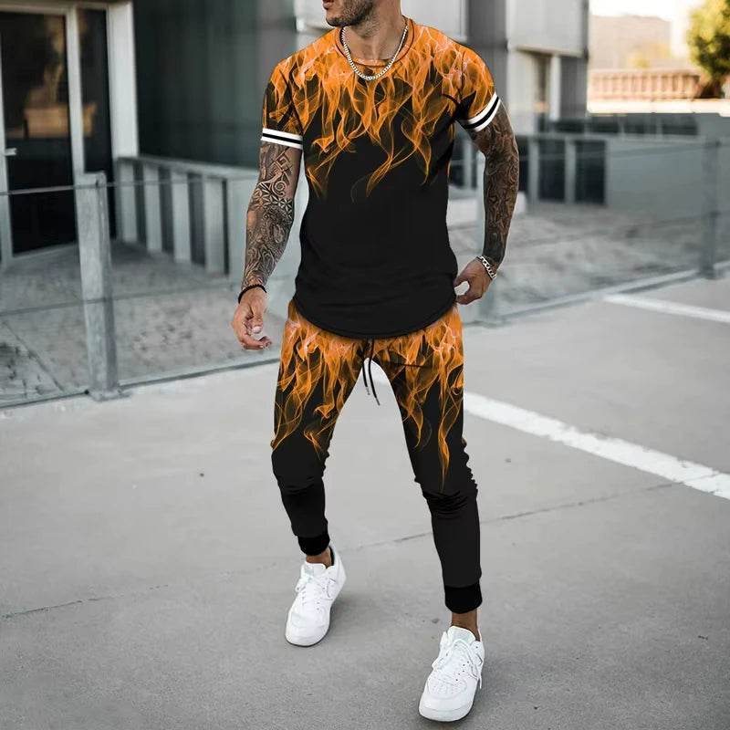 Flame 3D Printed Casual Summer Set - Short Sleeve T-Shirt & Pants - Buy Center