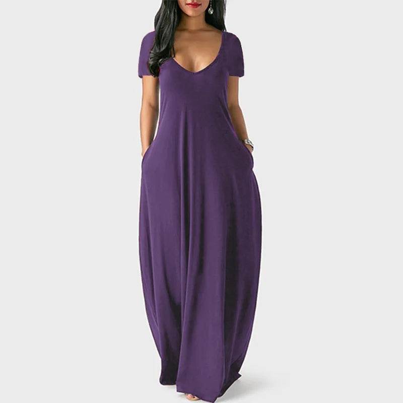 Plus Size Women's Solid V-Neck Dress - Short Sleeve Casual Style - Buy Center