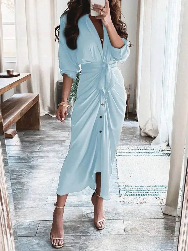 Summer Women’s Bandage Ruched Dress - Elegant V-Neck Casual Wear - Buy Center