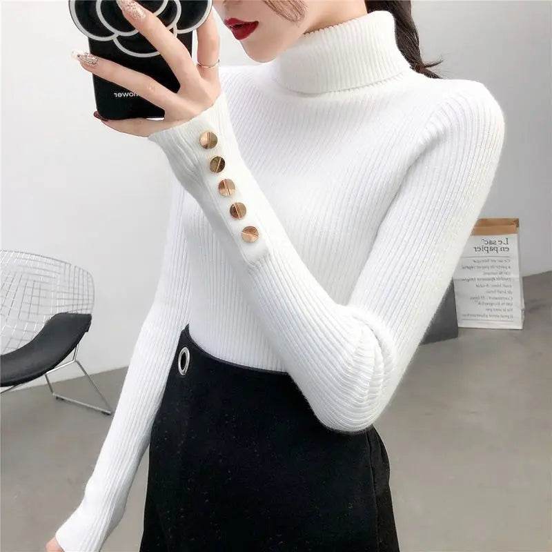 AOSSVIAO Women's Knitted Turtleneck Sweater - Button Long Sleeve - Buy Center