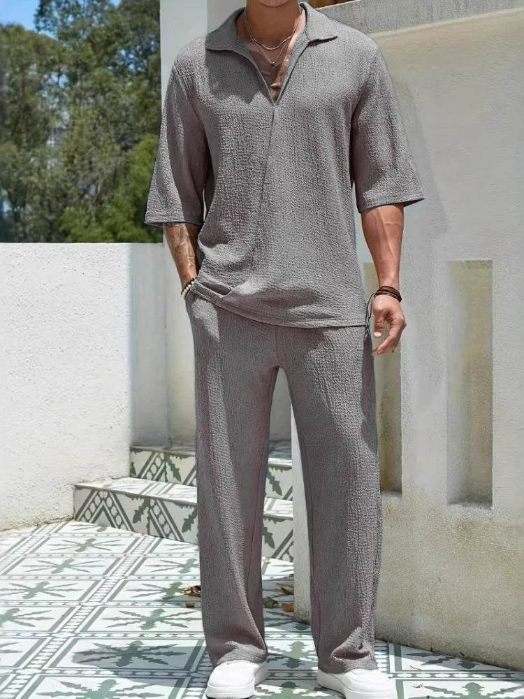 2025 Men's Retro Casual Beach Suit - Half-Sleeve Solid Color Shirt - Buy Center