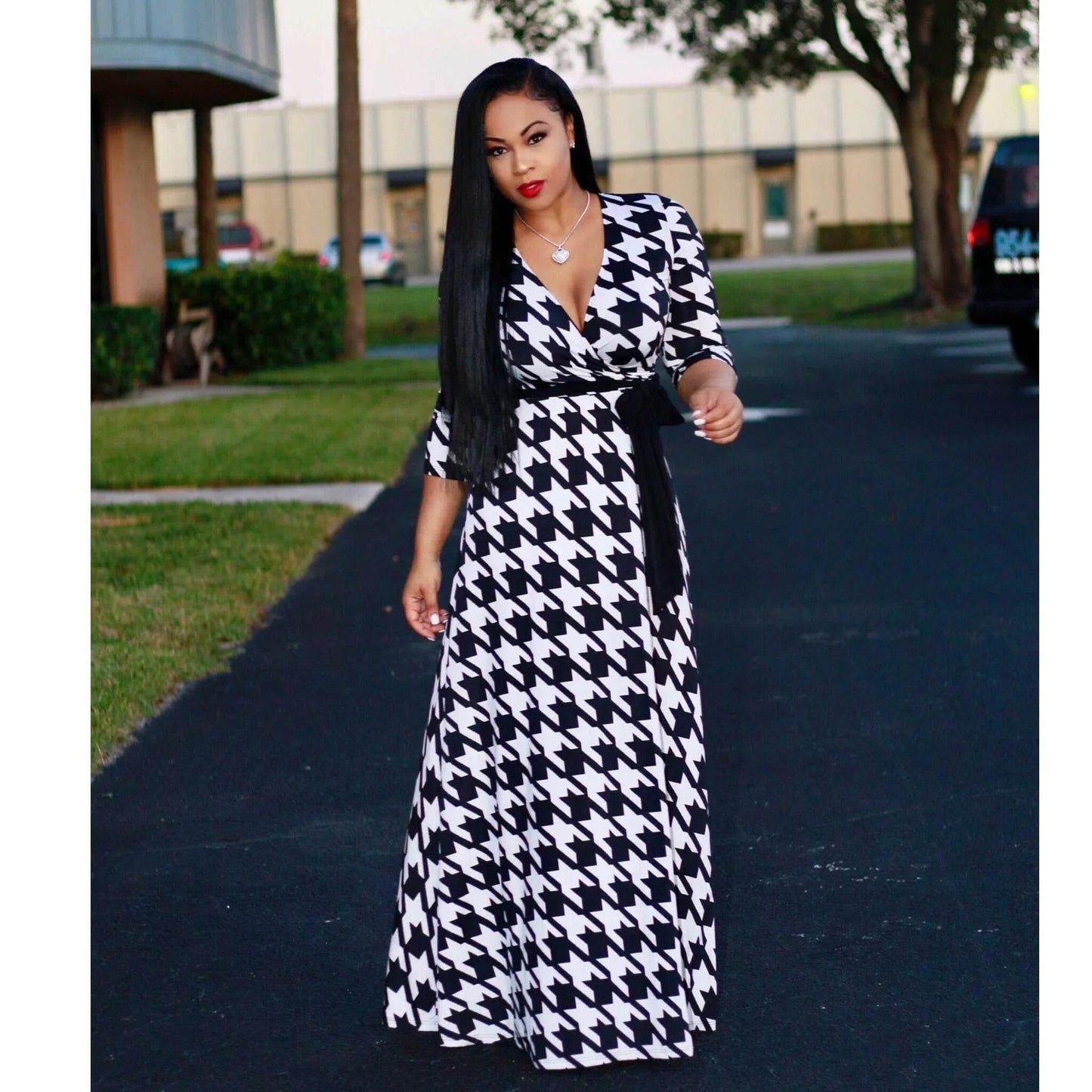 Women’s Bodycon Beach Maxi Dress - Floral Print, V-Neck, 3/4 Sleeve - Buy Center