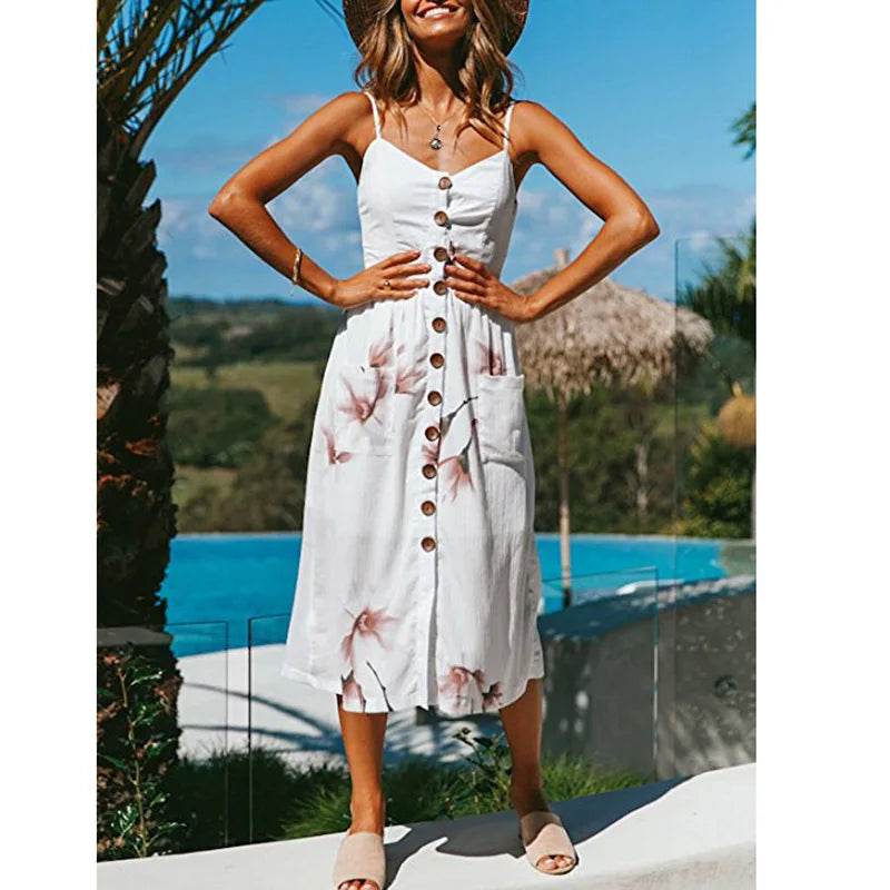 Women's Beach Print Midi Dress - Spaghetti Strap V-Neck Style - Buy Center