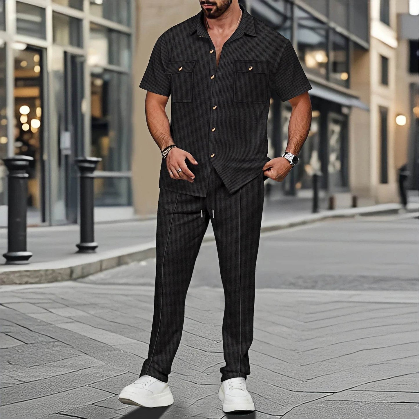 Men's Casual Short-Sleeved Waffle Check Shirt - Summer Fashion Set - Buy Center