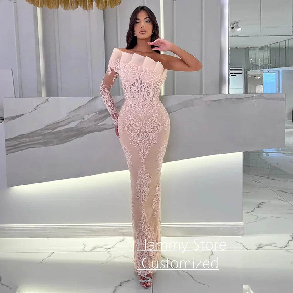 Light Blue Mermaid Evening Dress - One Shoulder, Sequined Appliques - Buy Center