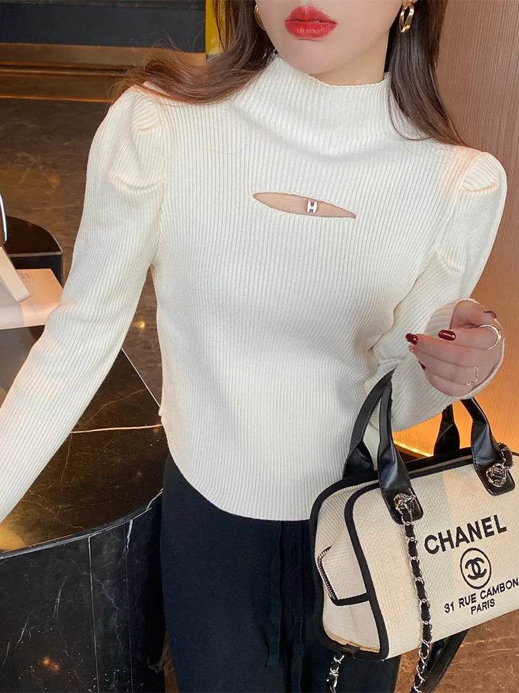 AOSSVIAO Turtleneck Sweater for Women - Hollow-out Ribbed Pullover - Buy Center
