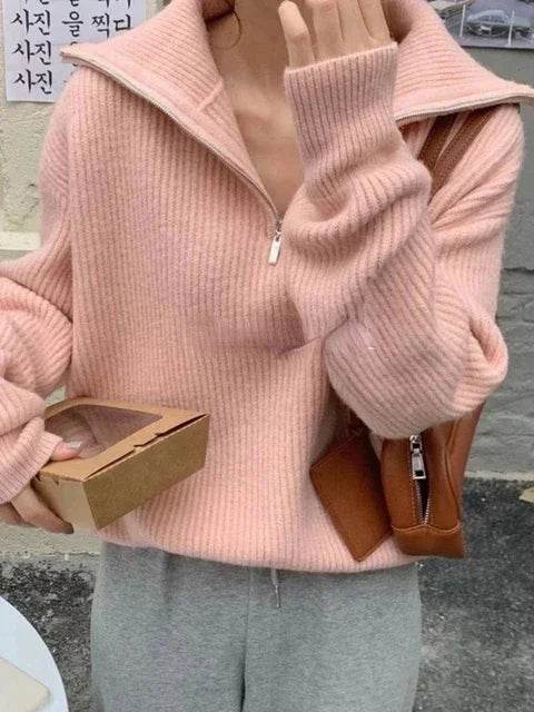Casual Women's Turtleneck Sweater - Zipper Design, Loose Fit - Buy Center