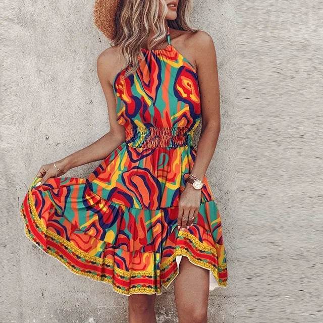 Summer Floral Mini Dress for Women - Casual Halter Beach Look - Buy Center