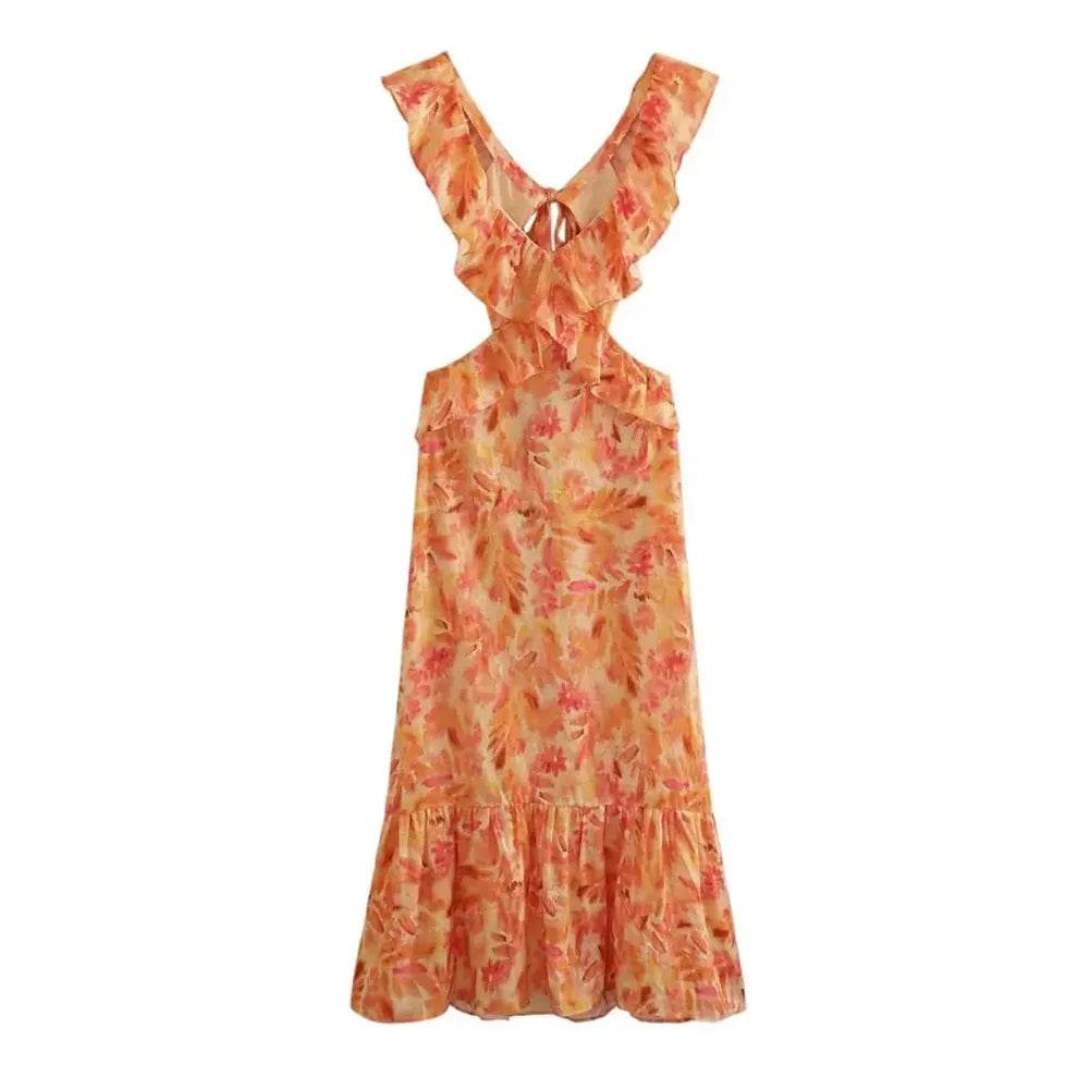TRAFZA Women’s Bohemian V-Neck Ruffle Dress - Backless Orange Style - Buy Center