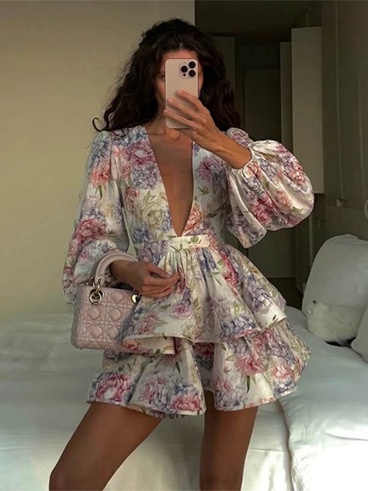 Elegant Ruffles Mini Dress for Women - Deep V Neck, Spring Fashion - Buy Center
