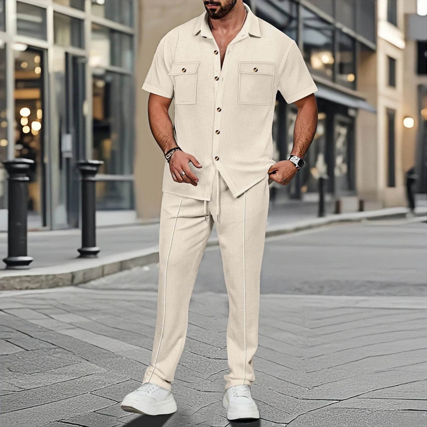 Men's Casual Short-Sleeved Waffle Check Shirt - Summer Fashion Set - Buy Center