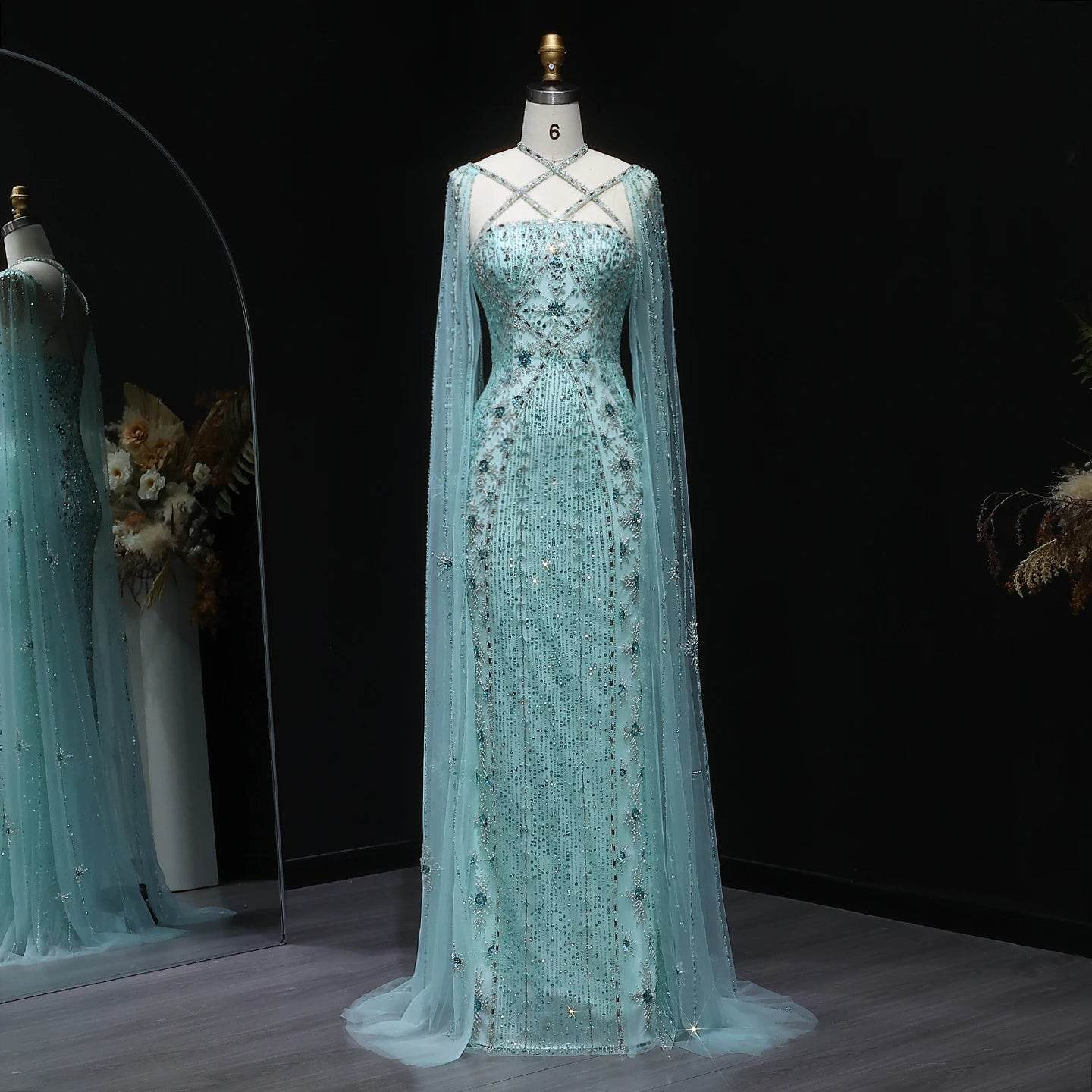 Sharon Said Aqua Lilac Mermaid Evening Dress with Cape Sleeves - Buy Center