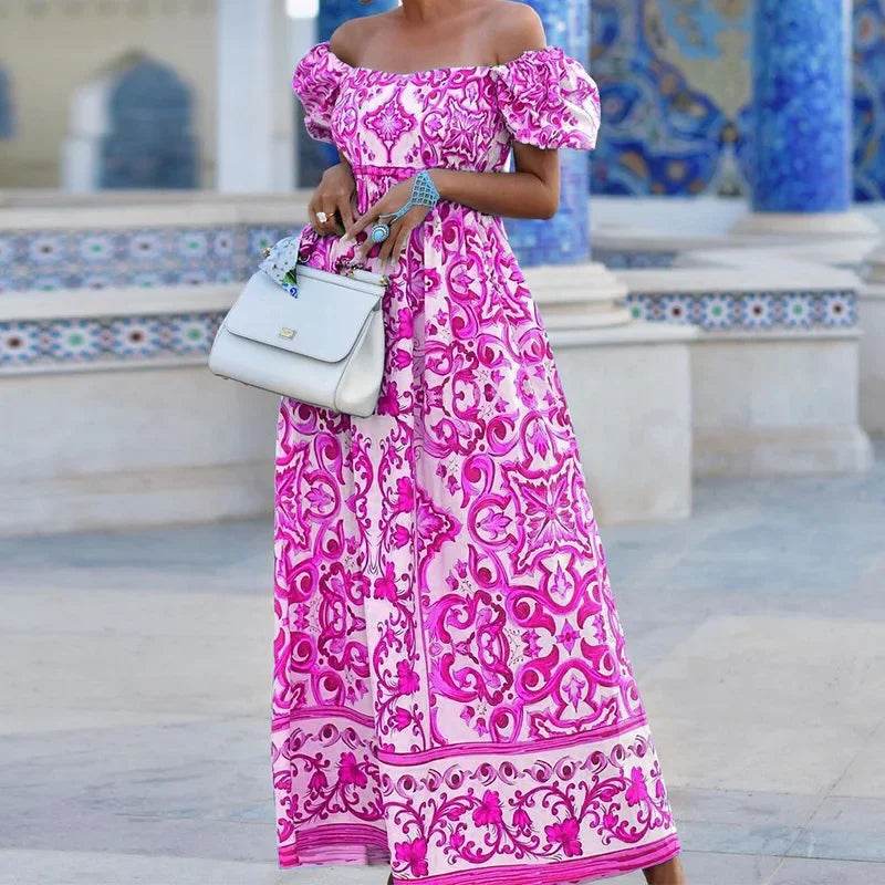 BAMBOOBOY Summer Print Maxi Dress - Elegant Off Shoulder Style - Buy Center