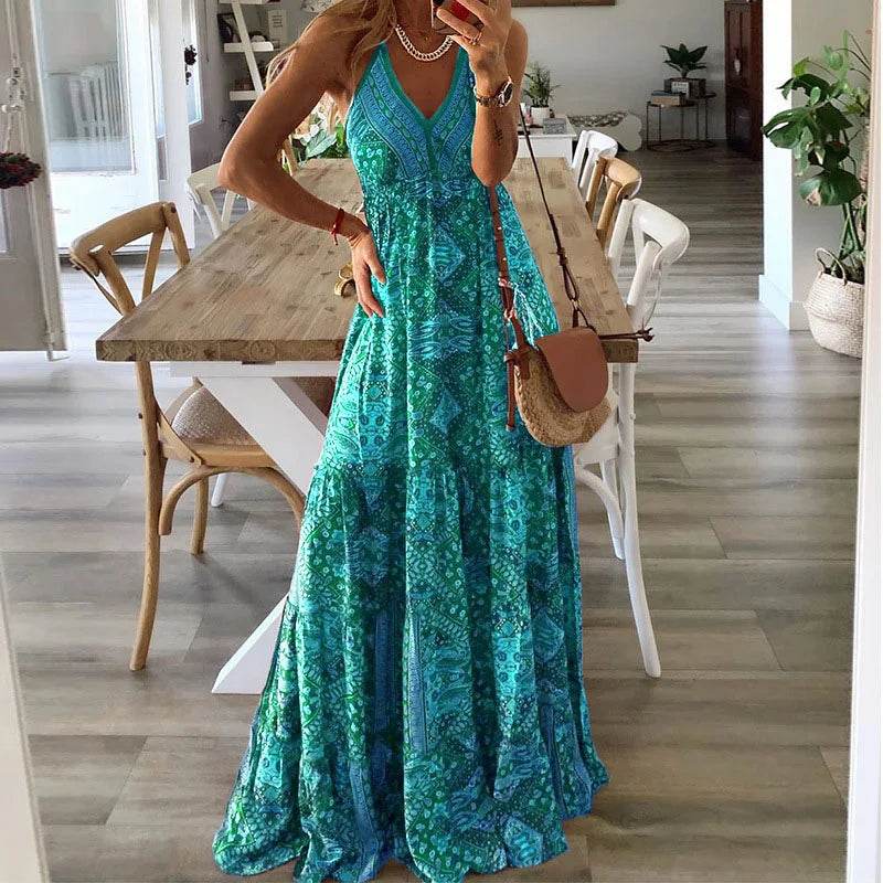 Bohemian V-Neck Floral Dress - High Waist Spaghetti Strap Style - Buy Center