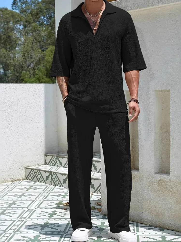 2025 Men's Retro Casual Beach Suit - Half-Sleeve Solid Color Shirt - Buy Center