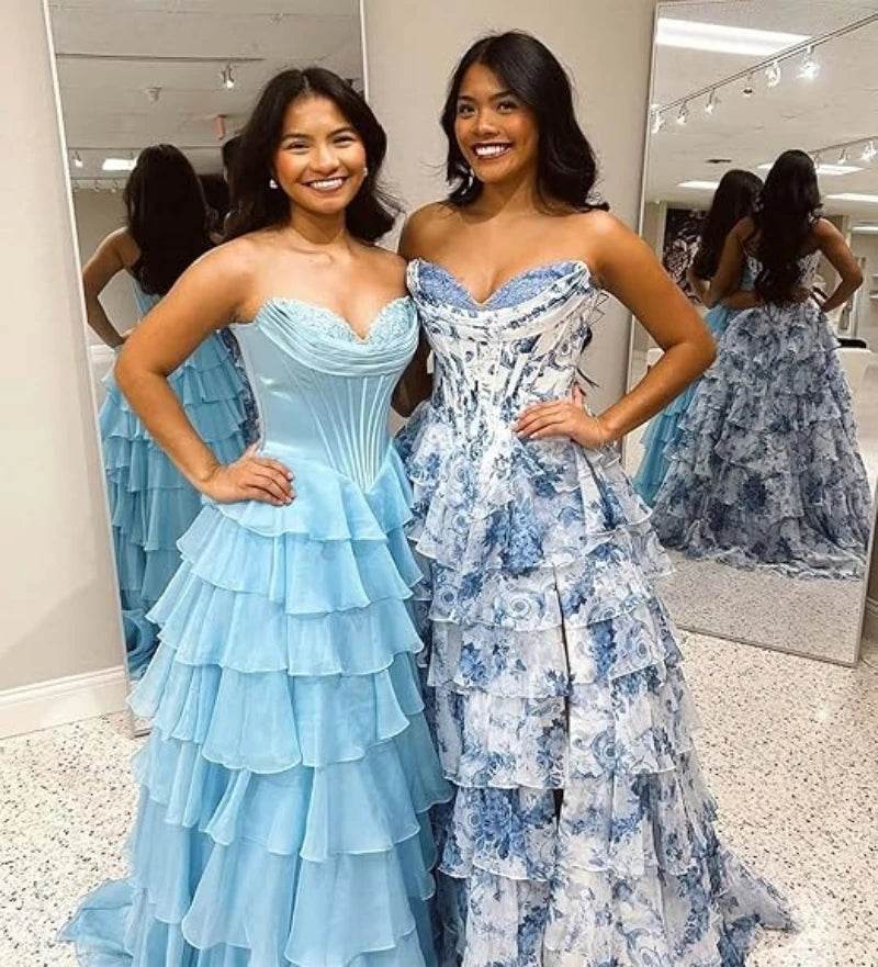 TSxuelian Floral Tiered Prom Dress - Strapless Ruffle Evening Gown - Buy Center