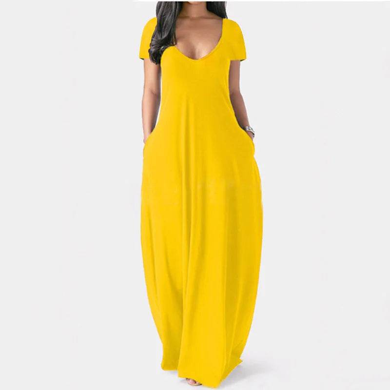 Plus Size Women's Solid V-Neck Dress - Short Sleeve Casual Style - Buy Center