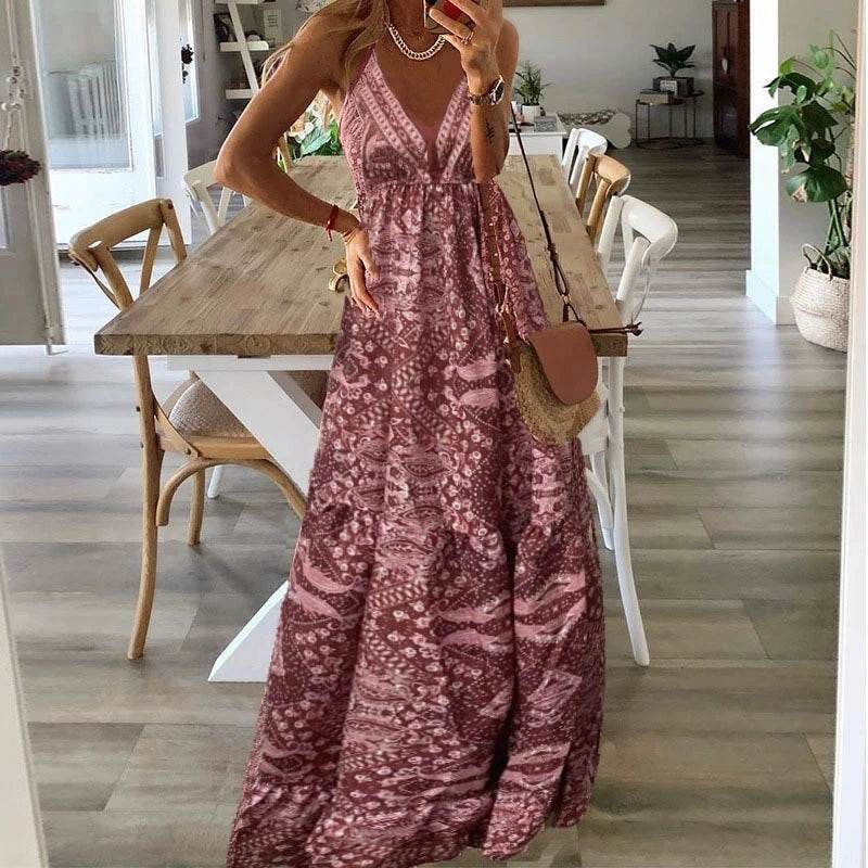 Bohemian V-Neck Floral Dress - High Waist Spaghetti Strap Style - Buy Center