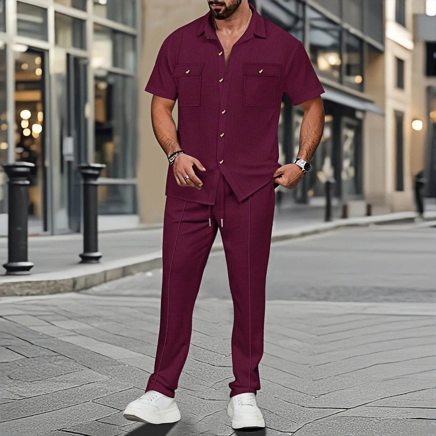 Men's Casual Short-Sleeved Waffle Check Shirt - Summer Fashion Set - Buy Center