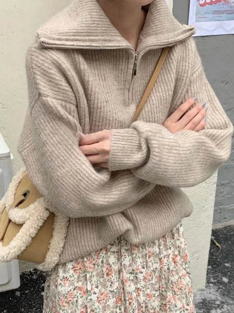 Casual Women's Turtleneck Sweater - Zipper Design, Loose Fit - Buy Center