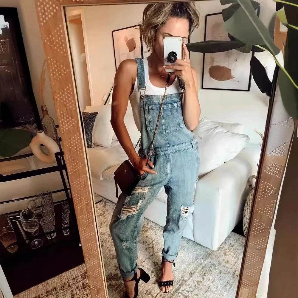 WQAFVG Women's Hole Patched Elastic Jeans Overalls - Casual Fit - Buy Center
