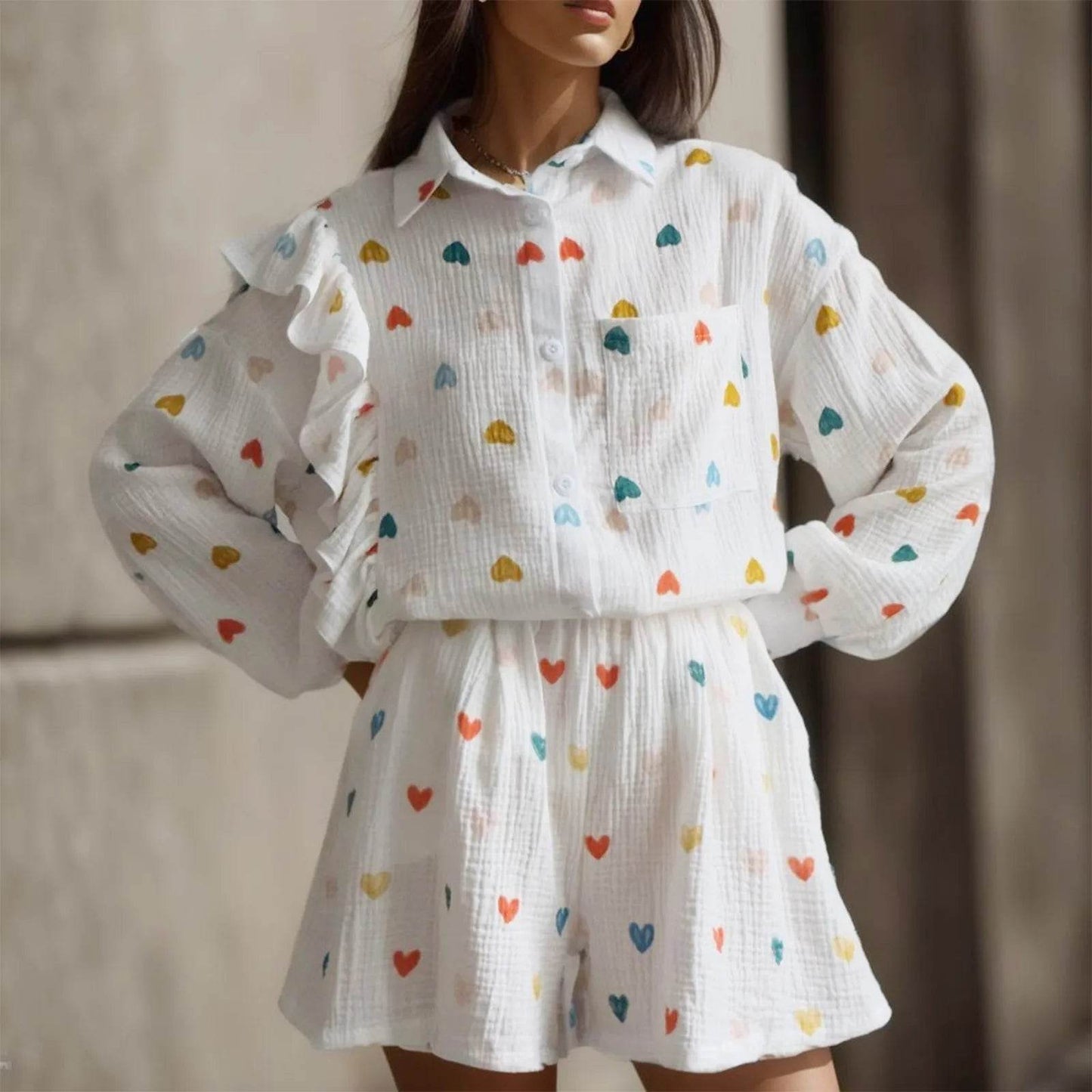 Women's Sweet Love Heart Print Ruffles 2-Piece Lounge Set - Buy Center