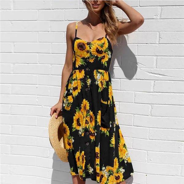 Women's Beach Print Midi Dress - Spaghetti Strap V-Neck Style - Buy Center