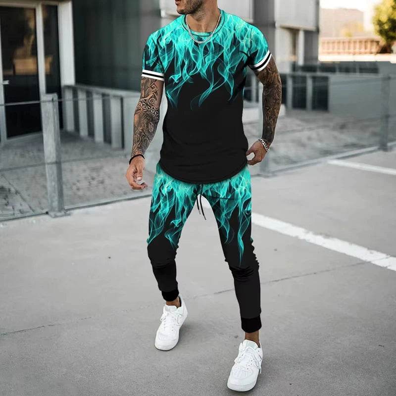 Flame 3D Printed Casual Summer Set - Short Sleeve T-Shirt & Pants - Buy Center