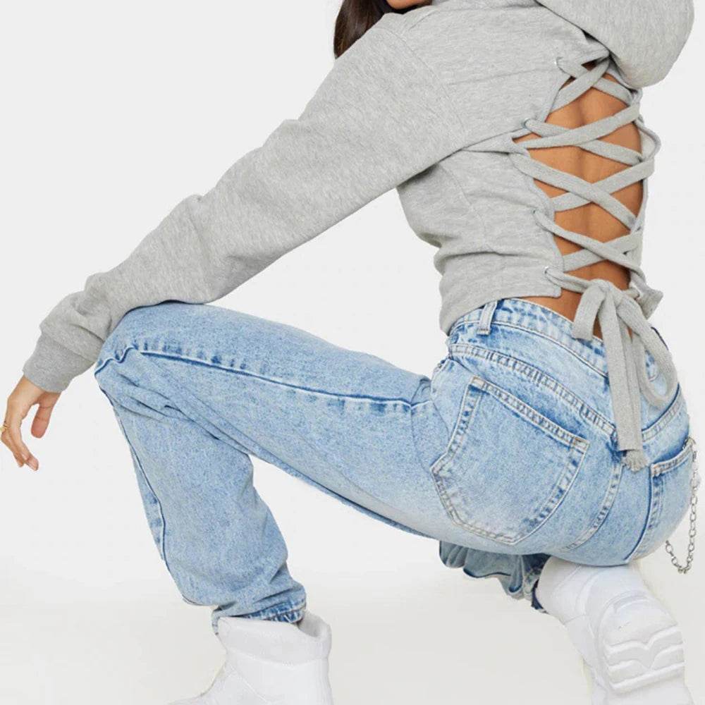 ZSIIBO Women’s Backless Hoodie - Sexy Cross Bandage Crop Top - Buy Center