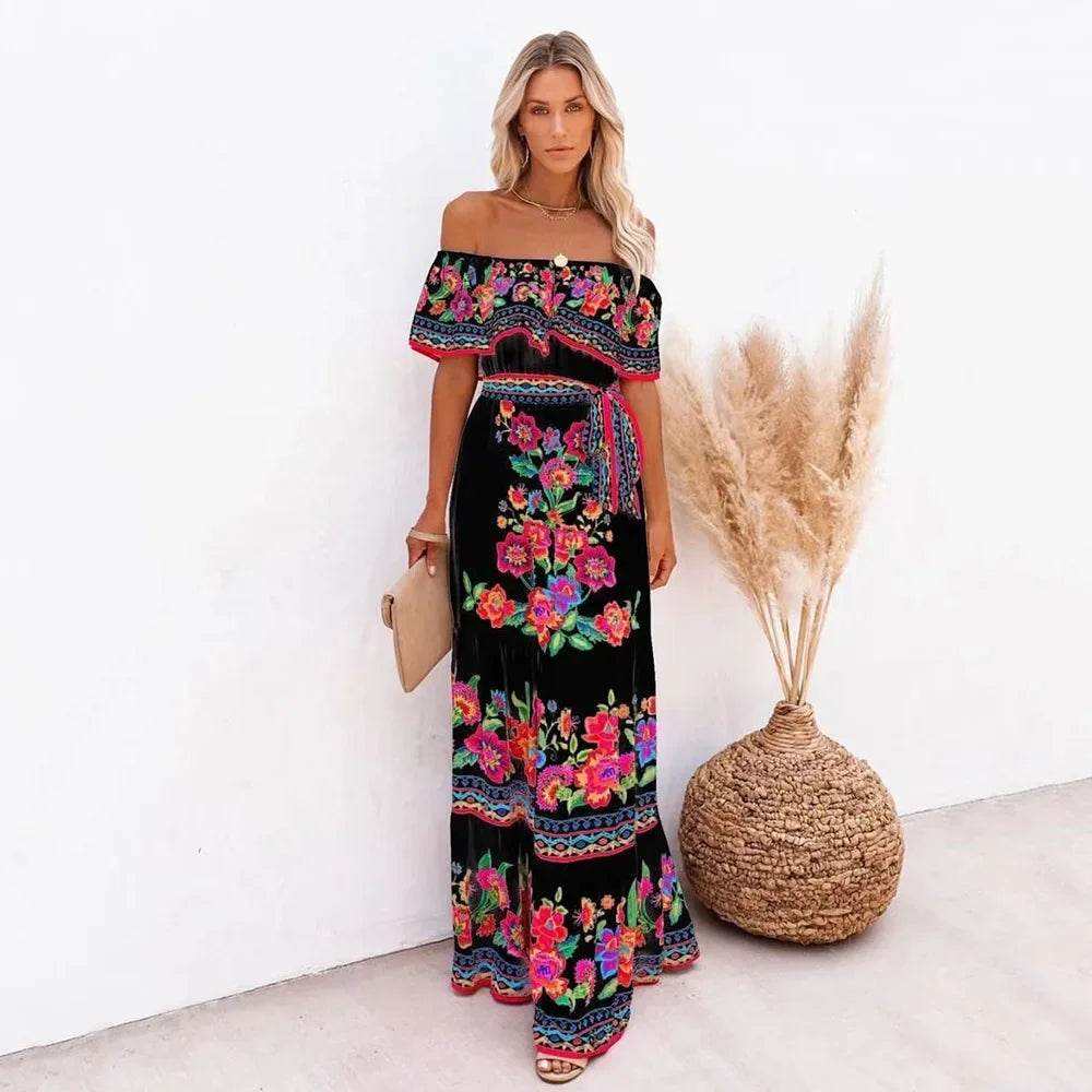2024 Spring Summer Off-shoulder Red Floral Dress - Loose Fit Style - Buy Center