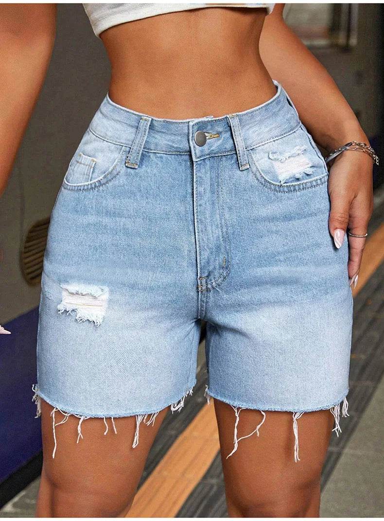 Kalenmos Women's High Waist Casual Jeans - Distressed Button Details - Buy Center