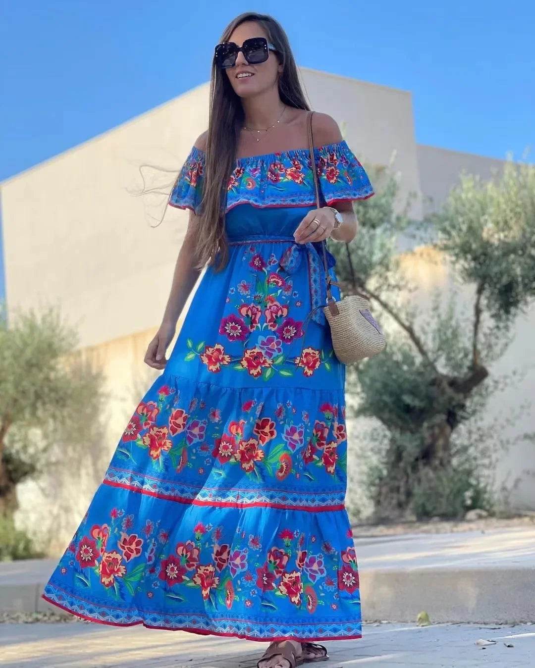 2024 Spring Summer Off-shoulder Red Floral Dress - Loose Fit Style - Buy Center