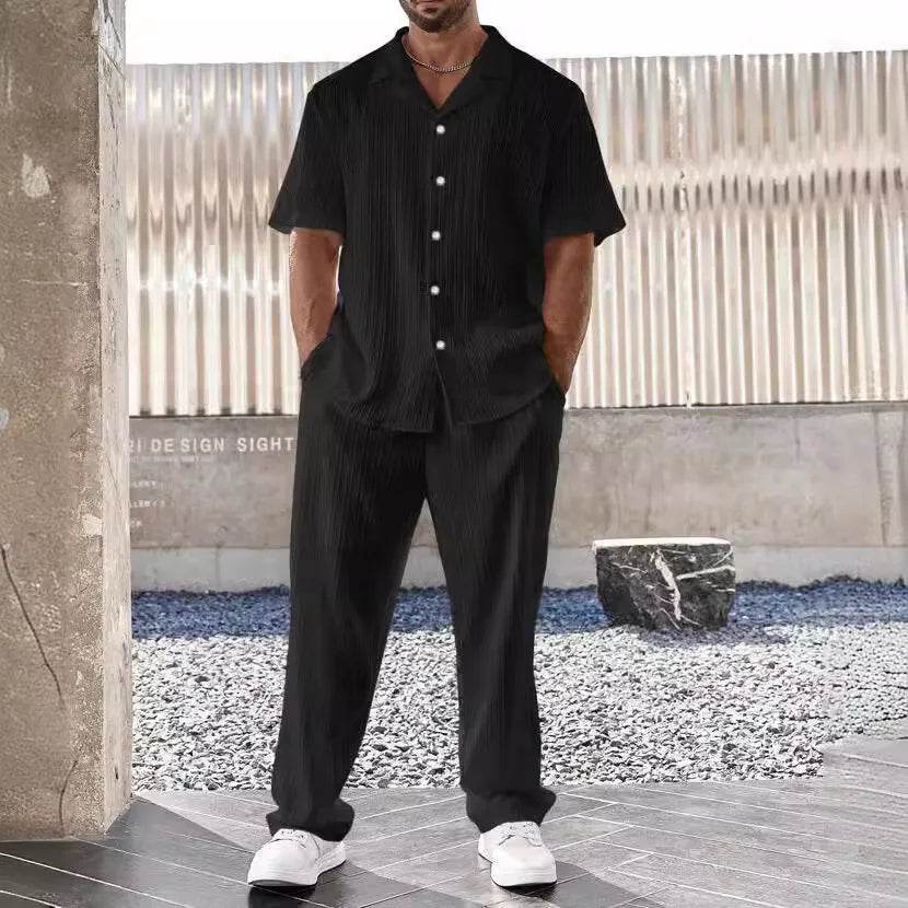 Donsignet Men's Casual Button Shirt & Short Sleeve Pants Set - Buy Center