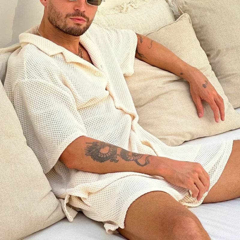 Men's Casual Summer Set - Breathable Knitted Short Sleeve Shirt & Shorts - Buy Center