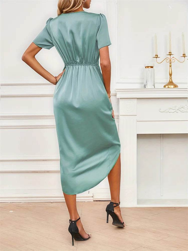 Elegant Satin Summer Dress 2024 - V-Neck, Short Sleeve A-Line - Buy Center