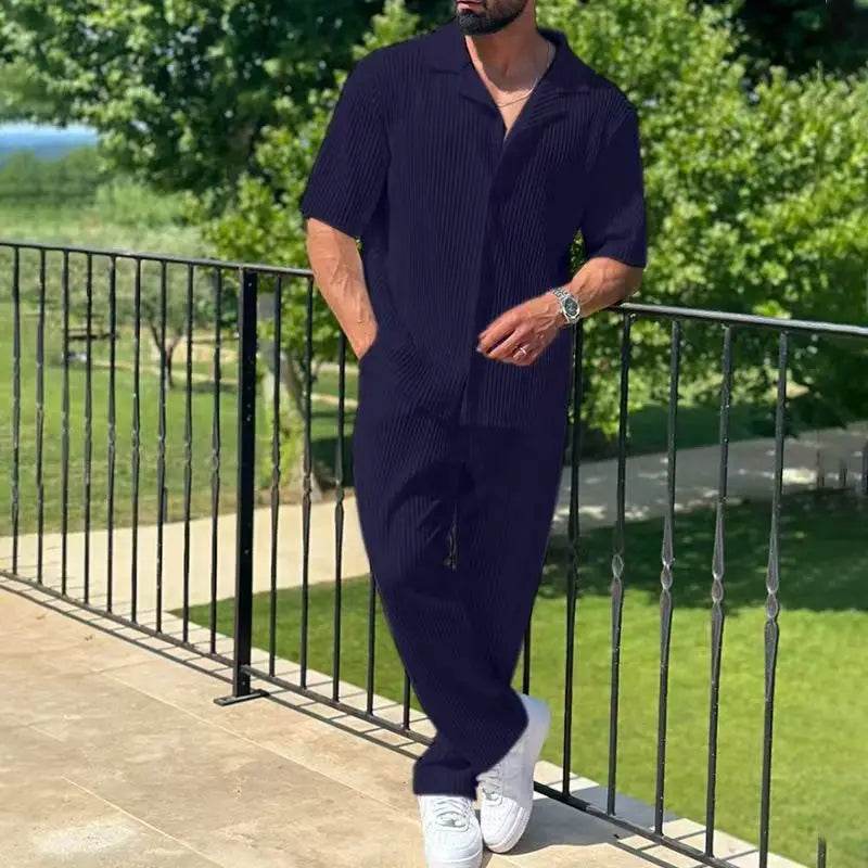 Men's Sportswear Set - Casual Solid Color Short Sleeve & Pants Suit - Buy Center